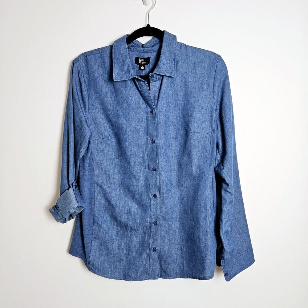 Kim Rogers‎ Botton Front Blouse Top Womens Size S Chambray Blue Roll Tab Sleeves